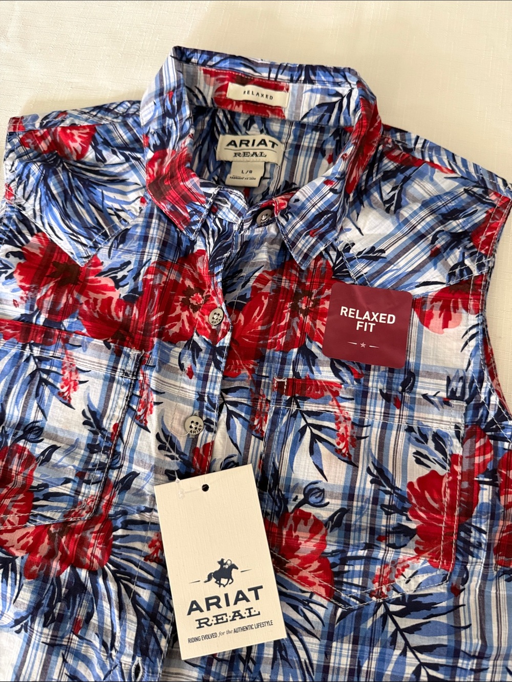 Ariat Sleeveless Floral Plaid Button-Front Top - Red & Blue - Picture 7 of 7
